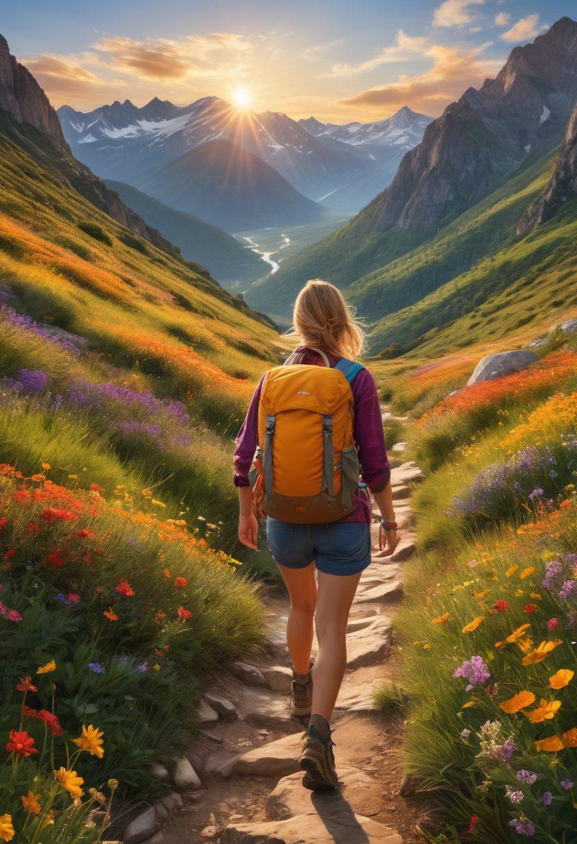 A confident woman hiking alone on a scenic mountain trail, with a breathtaking view of valleys and peaks in the background. She carries a vibrant backpack, symbolizing independence, while the sun sets, casting golden hues in the sky. Incorporate elements of nature like wildflowers surrounding her path, embodying freedom and empowerment. Artistic style: super-realistic, vibrant colors.