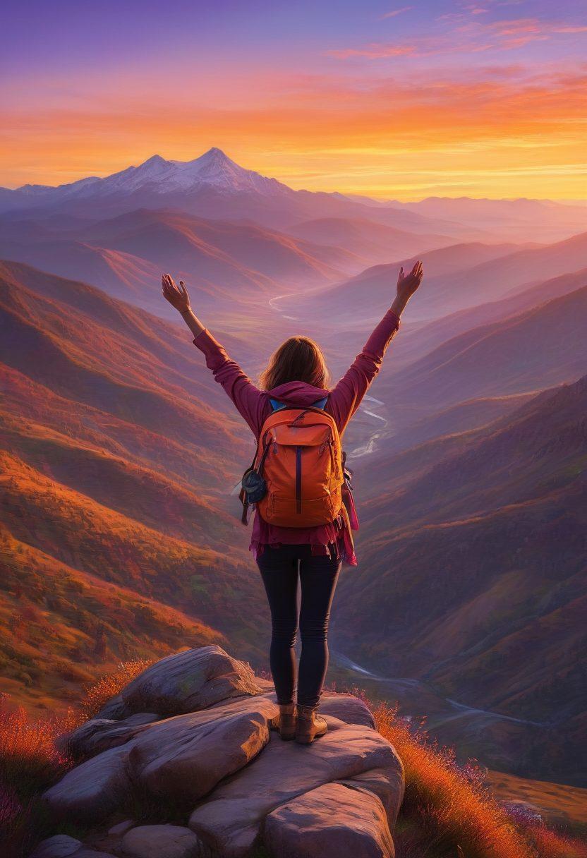 A confident woman standing atop a mountain, arms raised in triumph, surrounded by breathtaking scenery of natural landscapes. The image should capture elements of freedom, empowerment, and self-discovery, with a vibrant sunset in the background. Incorporate a journal and backpack beside her, symbolizing personal growth and exploration. The overall mood should be uplifting and inspirational. vibrant colors. super-realistic.