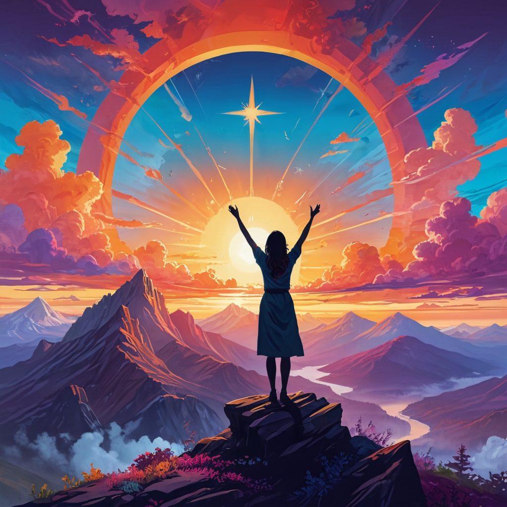 A powerful silhouette of a woman standing on a mountaintop at sunrise, arms raised in triumph, surrounding her are abstract symbols of self-discovery like a compass and a mirror. The background features a winding path leading to vibrant landscapes, symbolizing the journey of empowerment. Ethereal clouds part to reveal a bright sky, radiating hope and strength. digital illustration. vibrant colors. inspirational theme.